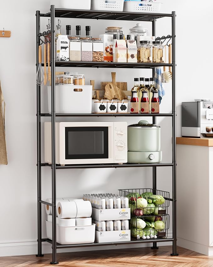 Sakugi Storage Shelves - 5-Tier Large Capacity Shelf Organizer with Hooks, Heavy-Duty Garage Shelving with Leveling Feet, Wobble-Free Rack for Bedroom, Balcony, Garage, 32.1"×12.4"×71.4", Black
