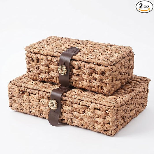 2 Pack Wicker Storage Basket with Lid, Woven Box with Lid, Wicker Basket With Lid for Shelf, Coffee Table, Console Table, Home Deco (Large/Small)
