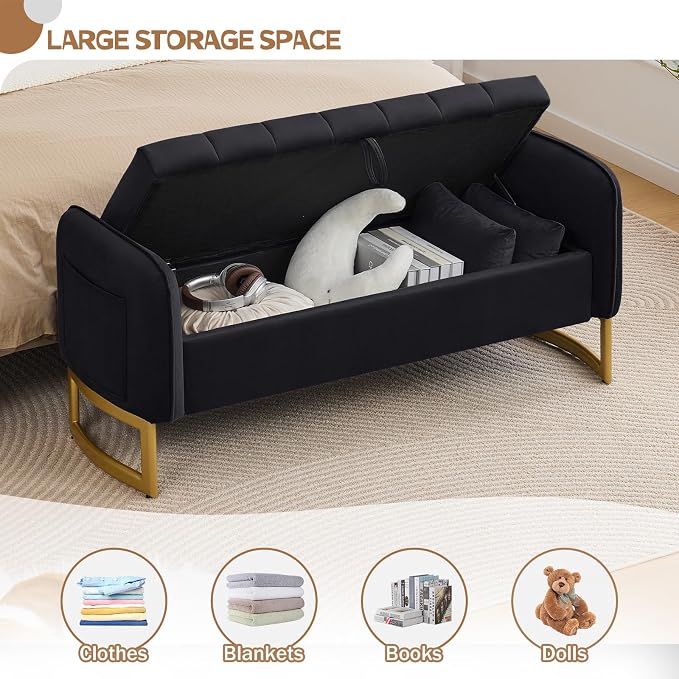 End of Bed Storage Bench, 51'' Velvet Storage Benches for Queen Size Bedroom Foot of Bed, Storage Ottoman Bench with Golden Legs and Pillow for Living Room Window Entryway, Black