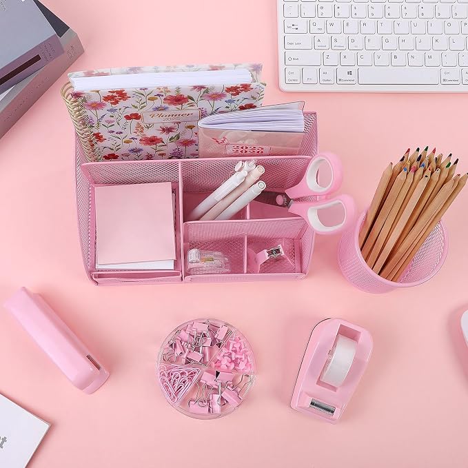 SKYDUE Pink Desk Accessories, Pink Office Supplies Set, Mesh Desk Organizer, Stapler, Tape Dispenser, Scissors, Binder/Paper Clips and 1000pcs Staples, Desk Organizer for Women, Gifts