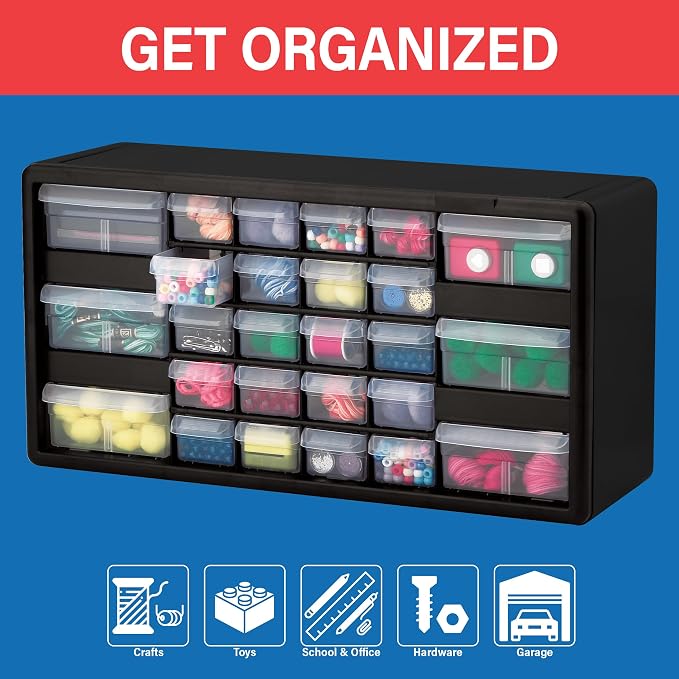Akro-Mils 26-Drawer Plastic Storage Cabinet, 20"W x 6"D x 10"H, Black