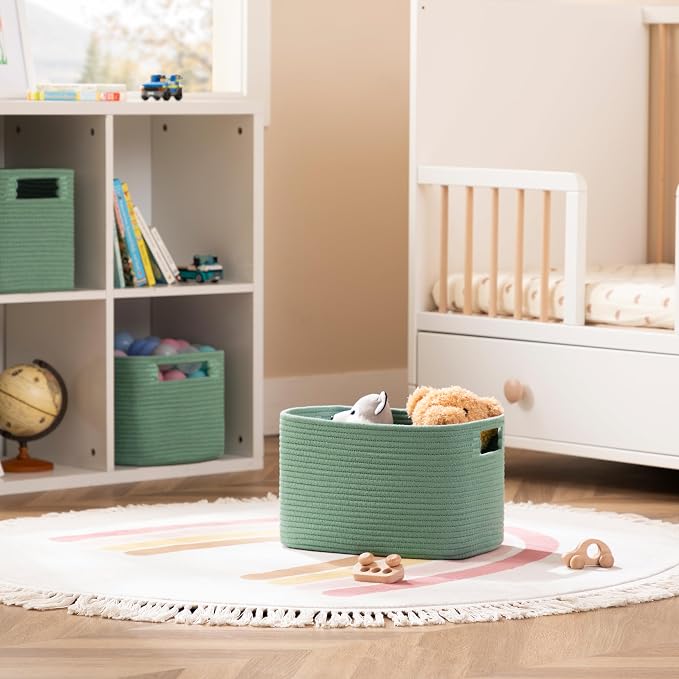 4 Pack Storage Baskets for Organizing, Shelf Baskets with Handles, Green | 14.5"Lx9.8"Wx9"H, Woven Basket, Cotton Rope Basket, Toy Storage, Cube Shelf, Gift Baskets Empty, Home Decor