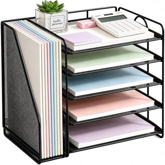 OPNICE Desk Organizers and Accessories, 5-Tier Paper Organizer Letter Tray with Magazine Holder, Office Desk Accessories & Workspace Organizers, Desktop File Organizer for Office Supplies, Black