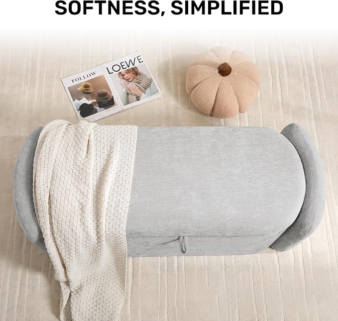 Oval Ottoman Bench with 20 Gal of Storage Space Upholstered Chenille Seat End of Bed Storage Bench Storage Ottoman with Storage for Bedroom, Living Room, Entryway, Window (Light Gray)