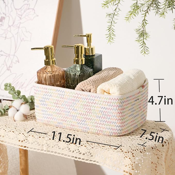 MiniArk Small Storage Baskets for Organizing | Closet Organizer Bins | Shelf Toy Basket | Woven Rope Baskets | Cube Decorative Box | Shallow Basket | 11.5x7.5x4.7” | 3 Packs Rainbow