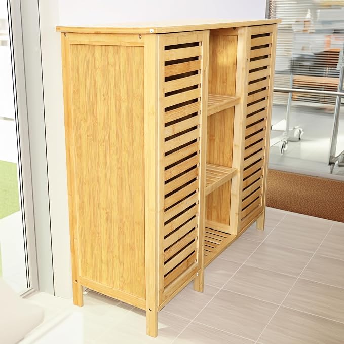 RoyalHouse Bamboo Floor Cabinet with 2 Shutter Doors and 3 Open Shelves, Freestanding Organizer for Bathroom, Kitchen, Living Room, Eco-Friendly and Durable, Brown