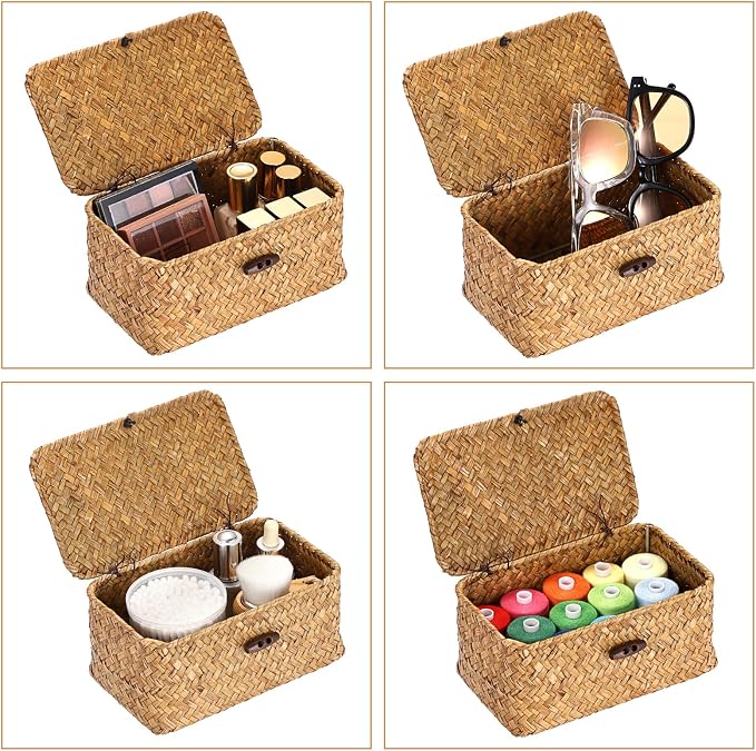 Hipiwe Small Seagrass Wicker Box with Lid Decorative Shelf Basket Bin | Handwoven Basket Storage Boxes for Home Decor, Multipurpose Desktop Organizer, Caramel 7.0" x 4.3" x 3.3"