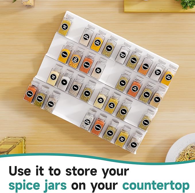 MIUKAA White Spice Drawer Organizer, 4 Tier - 8 Pack Seasoning Organizer for Drawer, Expandable From 13" to 26" Kitchen Drawer Spice Rack (Jars not Included)