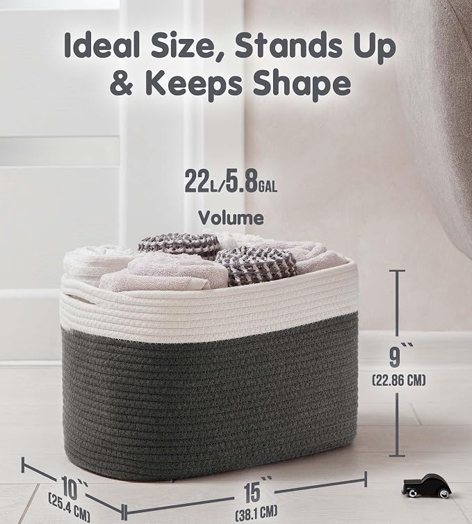 CHAT BLANC Cotton Rope Baskets for Organizing, Shelves, Toys, Storage, Shoe, Bathroom, Laundry, Towel, Nursery, Home Decor, Blanket, Cloth Woven Bins Fabric (Creamy White & Graphite, 15"x10"x9")