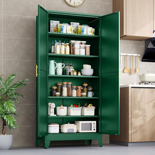PAOFIN Kitchen Pantry Storage Cabinet with Doors and Adjustable Shelves, Metal ClosetMaid Food Pantry Cabinets, 75" Tall Freestanding Cupboard for Kitchen, Laundry or Utility Room, Green