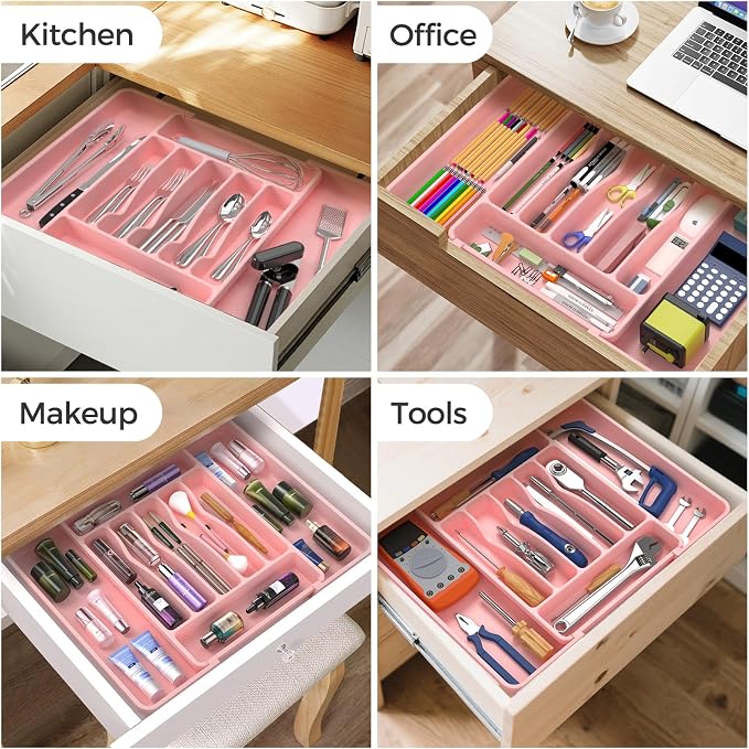 ukeetap Extra Large Expandable Silverware Organizer, BPA-Free Food-Safe Cutlery Flatware Organizer, Kitchen Utensil Drawer Organizer, Adjustable Silverware Holder for Spoons Forks Knives, Pink