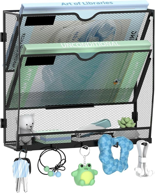 3-Tier Wall File Organizer with 5 Hooks, Wall Mounted Mail Organizer | File Holder Organizer, Metal Mesh Office Wall Organizer for Home, School & Classroom