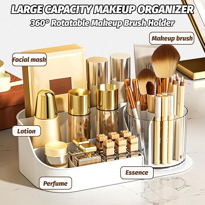 DASITON Large Capacity Makeup Organizer with 360° Rotating Makeup Brush Holder, Perfume and Skincare Storage Organizers for Vanity Bathroom Countertop, Cosmetic Display Case (White, 1 Tier)