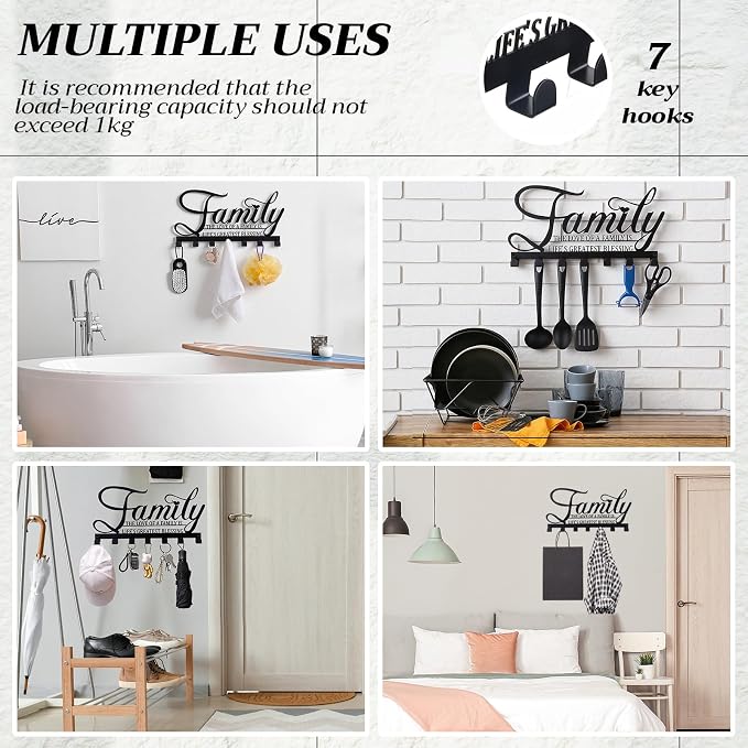 Hicarer Family Key Holder Metal Hooks Decorative Hanger Black Rack Wall Mount Organizer with Screws and Anchors for Keys Hat Kitchen Entryway Front Door Home Decor(Stylish Style)