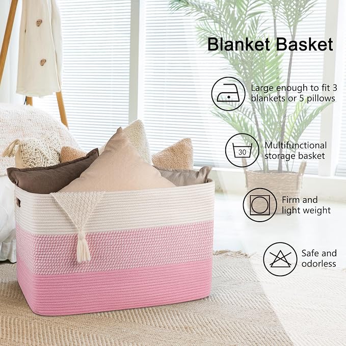 OIAHOMY 108L Super Large Blanket Basket For Living Room, 25”x16”x16” Rectangle Woven Baskets For Storage, Toy Storage with Handle - Pink&White