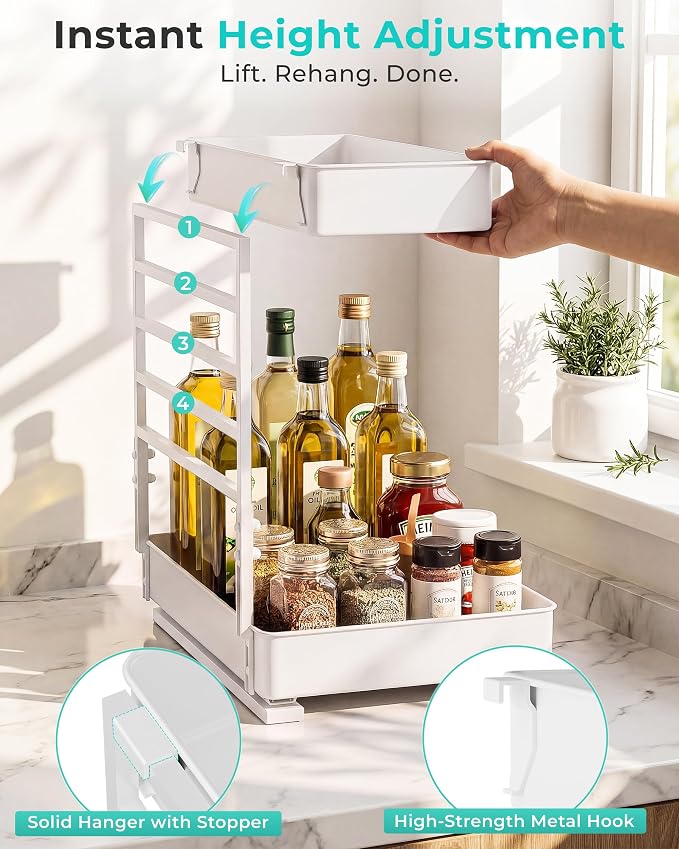 EVERIE Height Adjustable 2 Tier Metal Pull Out Slide Shelf Organizer for Framed or Frameless Under Sink Cabinets in Kitchen, Bathroom, with Snap-on Top Tray (White, 2 Sets)
