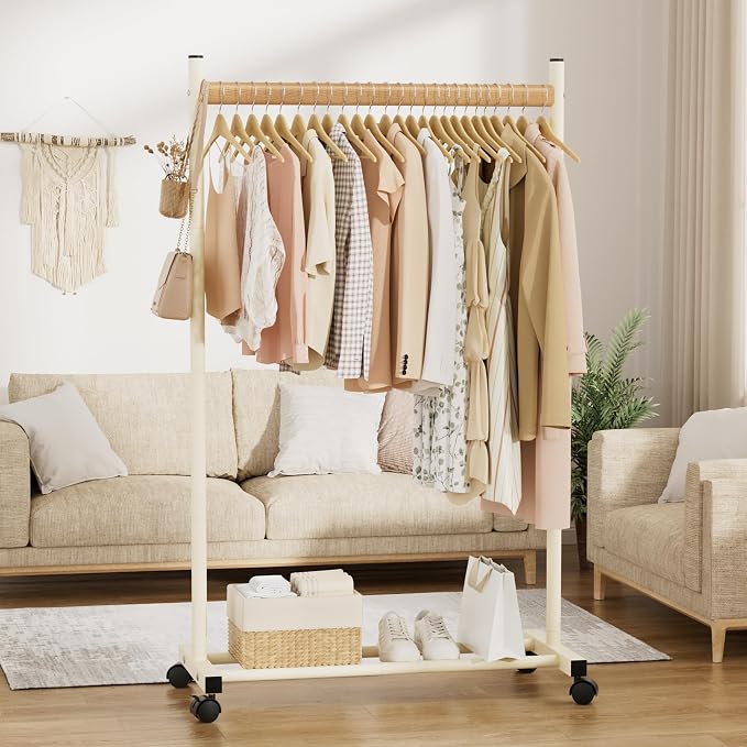 White Clothing Rack for Hanging Clothes, Portable Rolling Clothes Rack with Wheels, Heavy-Duty Metal Garment Racks with Bottom Shelf, Large Load Capacity & Easy Assembly