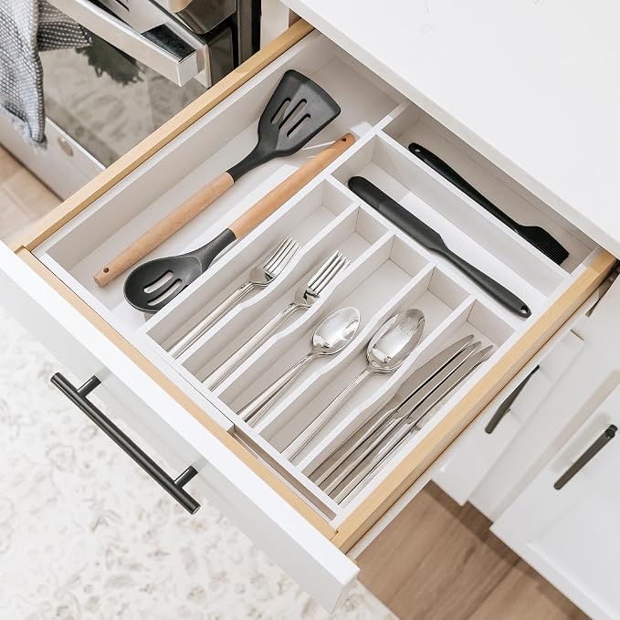 KitchenEdge Silverware & Utensil Drawer Organizer, 10.5-19 in, White Bamboo | Cutlery, flatware, food-safe contract grade, kitchen drawer fit