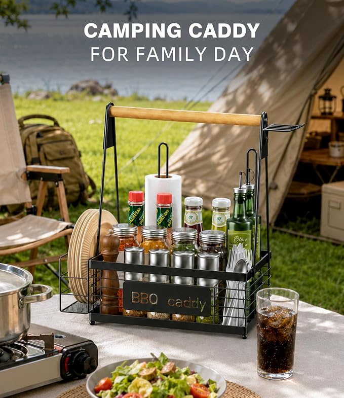 Grill Caddy BBQ Organizer for Grilling Tools & Supplies | paper towel & foil holder, fits 8" plates, removable wood handle, for camping, patio, Kitchen, Picnic, RV