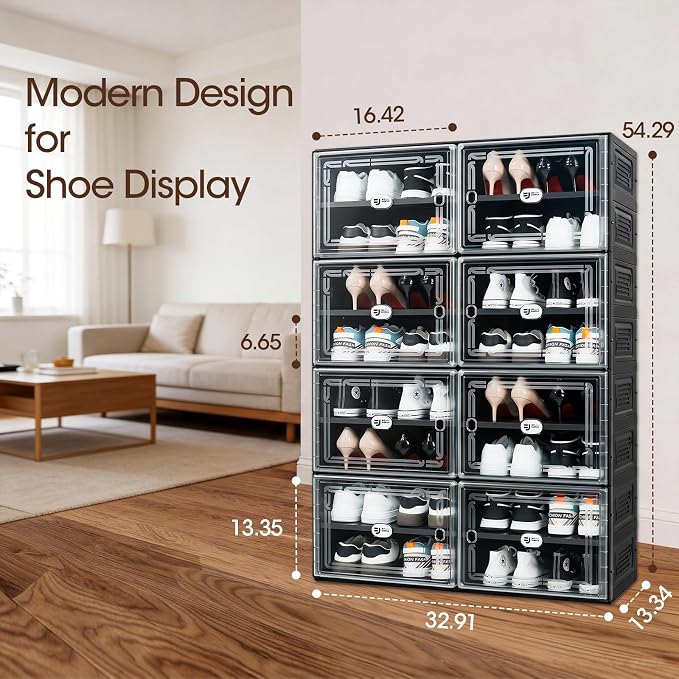 Black Shoe Storage Cabinet for 32 Pairs, Collapsible Plastic Shoe Organizer with Magnetic Clear Doors, 3-Step Tool-Free Assembly for Entryway, Hallway, Apartment and Closet (2Row, 8Tier)