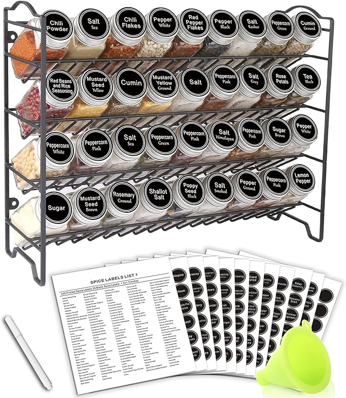 SWOMMOLY Spice Rack Organizer with 36 Spice Jars 4 oz, 396 Spice Labels | Chalk Marker, Funnel Set, Spice Organizer for Cabinet, Countertop, Pantry, Cupboard & Wall Mount, 16.5" W × 12.6" H, Black