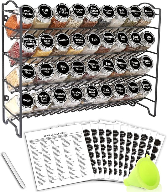 SWOMMOLY Spice Rack Organizer with 36 Spice Jars 4 oz, 396 Spice Labels | Chalk Marker, Funnel Set, Spice Organizer for Cabinet, Countertop, Pantry, Cupboard & Wall Mount, 16.5" W × 12.6" H, Black
