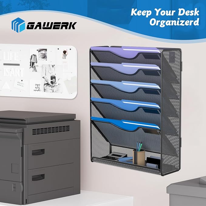 Gawerk 6 Tier Hanging File Organizer, Mesh Wall File Holder Paper Folder Rack with Bottom Flat Tray for Office Home, Black