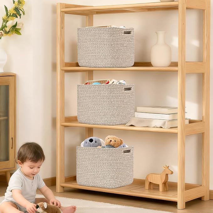 3 Pack Cube Storage Bin, 12”x12”x10” Cotton Rope Woven Baskets for Organizing Toys Clothes Towels, Square Gift Storage Baskets for Shelves, Nursery, Closet, Bathroom, Pantry (Jute)
