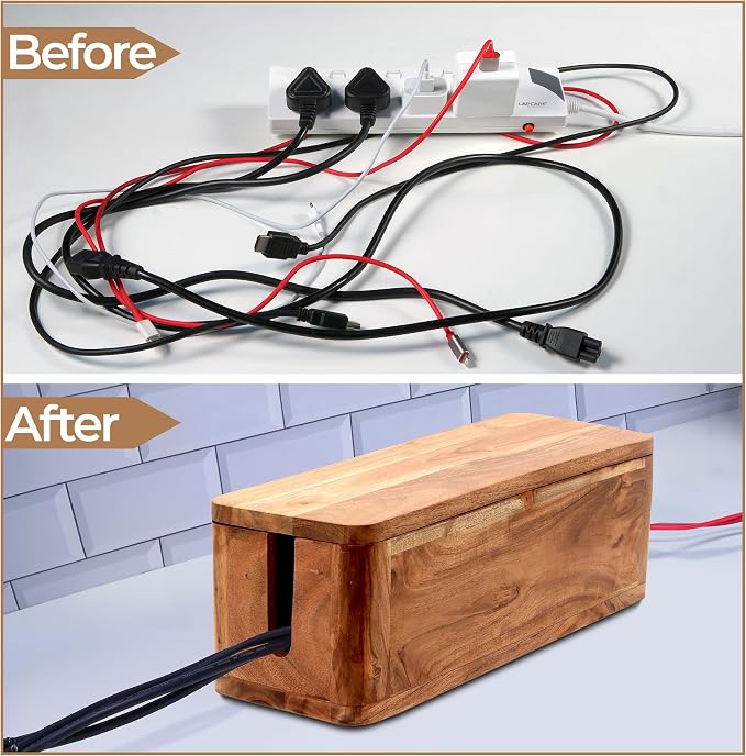 Acacia Cable Management Box - Rustic Design (Natural, Large) | Acacia Wood, Cable Organizer, Rustic Style, Modern Design, Desktop Storage