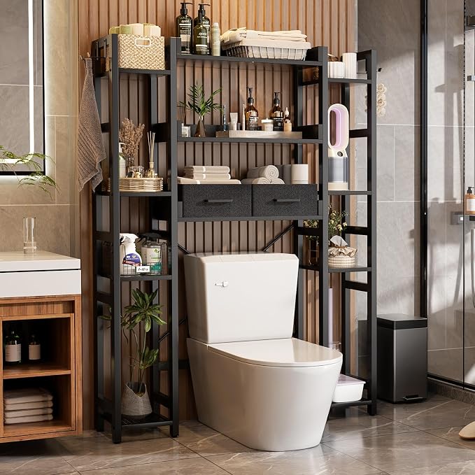 Besiost Over The Toilet Storage, 11 Tier Bathroom Organizer with Dual Side Racks and 2 Fabric Drawers, Adjustable Freestanding Rack Space Saver for Small Spaces, Black