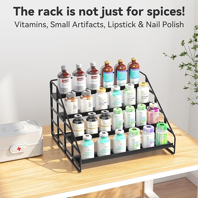 Bunoxea 4 Tier Adjustable Spice Rack for Cabinet & Countertop, Black | Depth Adjustable,Anti-drop Guard Rail,Tiered Cabinet Organizer,Holds 24+ Jars,for Cabinet, Pantry & Kitchen Countertop