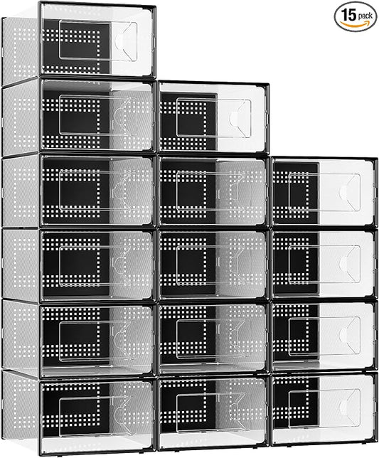 Foluck X-Large 15 Pack Shoe Storage Organizer Box Clear Plastic Stackable | Interlocking Design, Sturdy Dustproof Breathable, Fits Men's Size 10 Women's Size 11, for Closet Entryway Under Bed