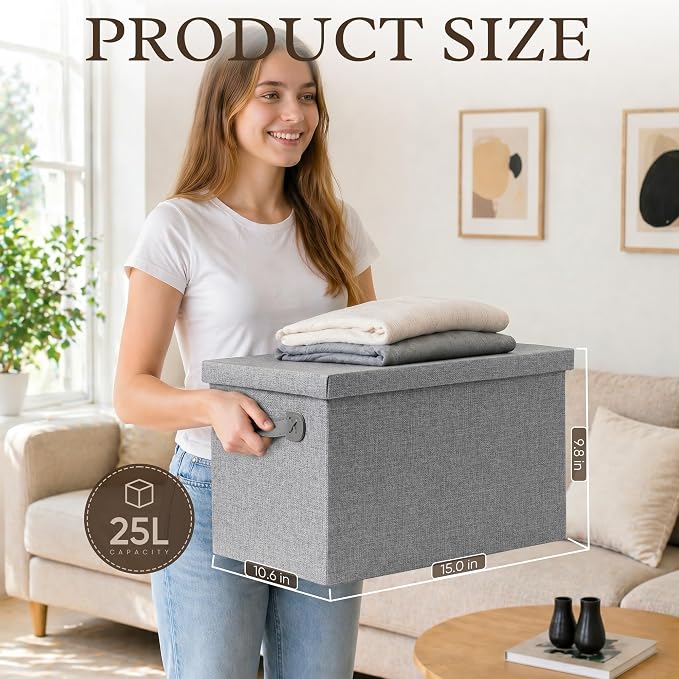 Fabric Storage Bins with Lids, Heavy Duty Collapsible Organizer Bins for Shelves, Stackable Closet Woven Baskets with Handles, 25L Rectangle Boxes for Bedroom Office, Cube Home Decor (Gray 2 Pack)