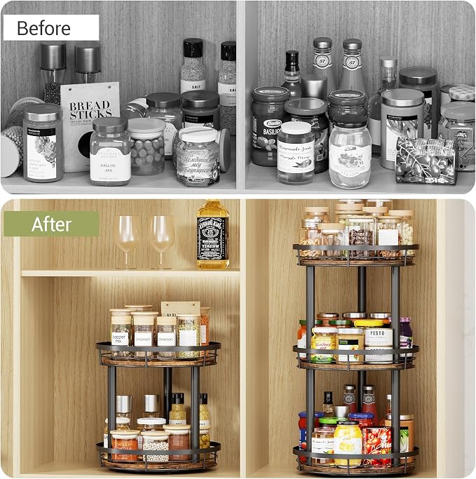 LAMU 10'' Wood Lazy Susan Spice Rack Organizer, 2 Tier Spice Organization for Cabinet, Countertop, Kitchen, Table Top, Pantry, Condiment and Seasoning Rack Organizer