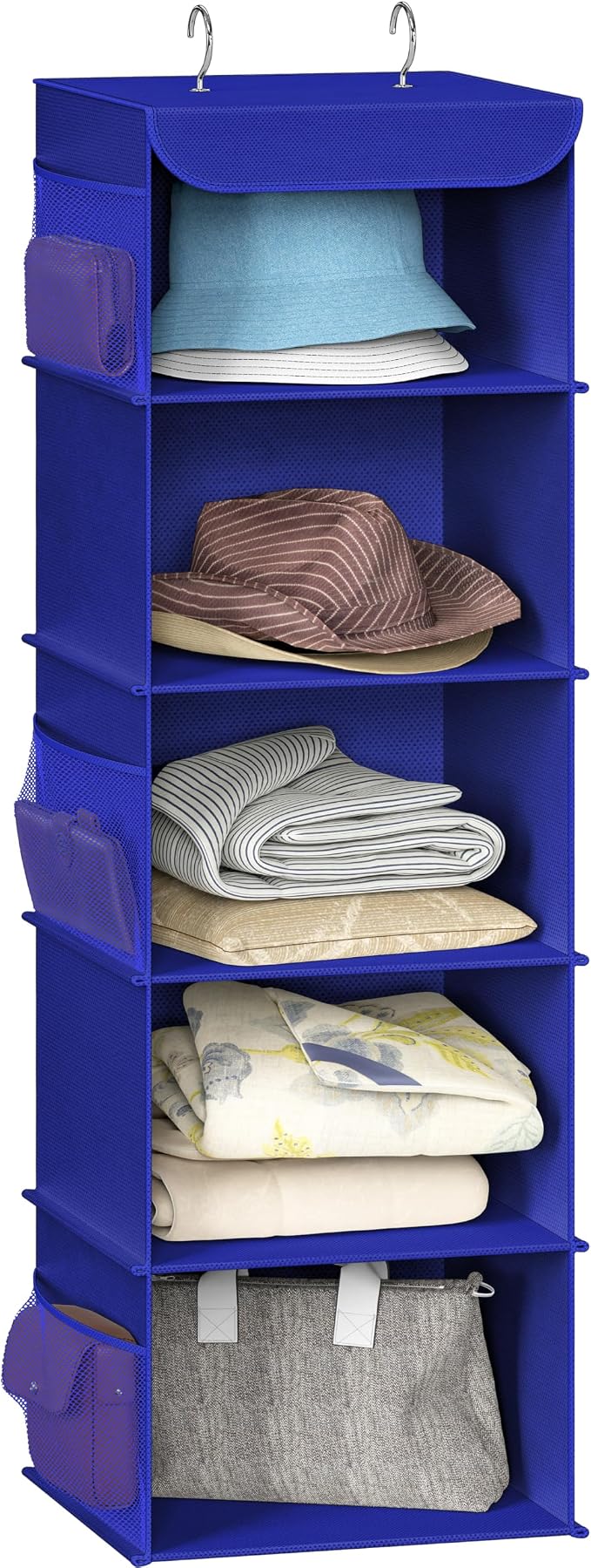 Simple Houseware 5 Shelf Hanging Closet Organizer, Dark Blue | 360° Rotating Dual Hooks, Top Support Metal Frame, 6 Side Mesh Pockets