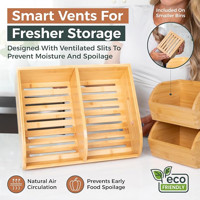 Potato and Onion Storage Bin for Pantry and Kitchen Counter - Ventilated Stackable Bamboo Organizer Baskets with Handles
