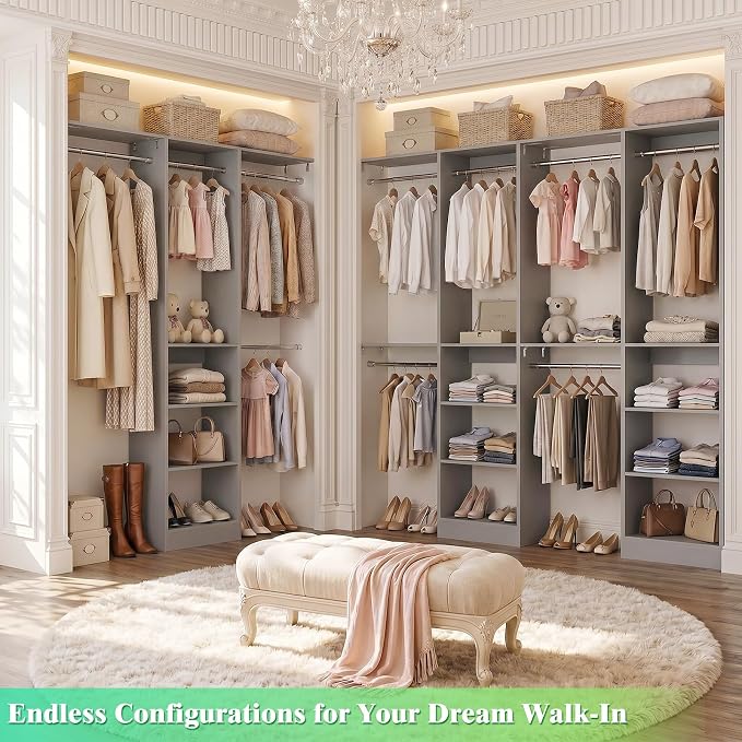 Besiost 48" Closet Organizer System, 4FT Closet System for Small Closets with 4 Hanging Rods & 3 Shelves, 80"H Small Closet Organizers and Storage for Bedrooms, Cloakrooms, Gray