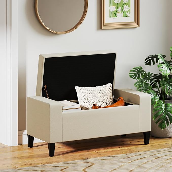 HOMCOM 36" Ottoman with Storage, Lift Top Rubberwood Legs 330 lb Beige | Storage Ottoman Bench, Linen Upholstered Entryway Seat, Living Room, Bedroom