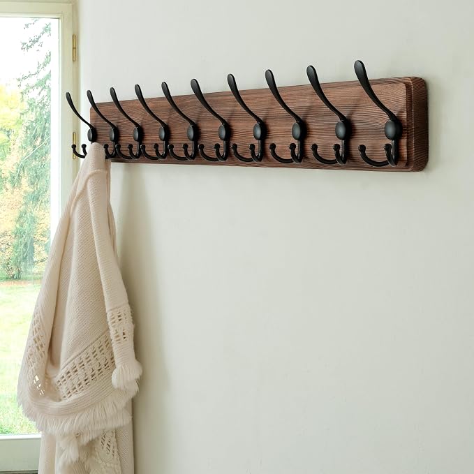 Coat Rack Wall - Heavy-Duty 38-1/4" Long, with Reinforced 10 Custom Tri-Hooks, Solid Wood Wall Hanger for Coats Hat Jackets - Rustic Farmhouse Entryway Hallway Storage, Natural & Black