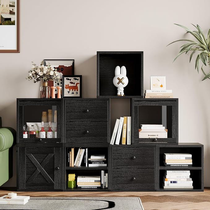 FUSUNBAO Magic DIY Cube Storage Organizer Stackable Cubes for Home Books Clothes Toy-Modular Cubby Storage System-Office Cubical-Bookcase Closet (Black, Drawer Cube)