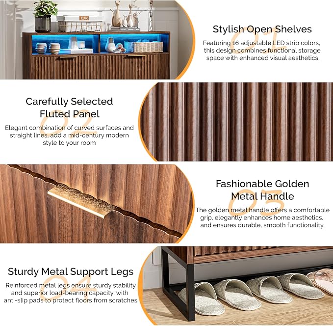 VINGLI Walnut Fluted Shoe Cabinet for Entryway, Narrow Hidden Shoe Storage Organizer with 4 Flip Drawers & 16-Color LED Lights, Mid Century Modern Slim Freestanding Shoe Rack with Cubby