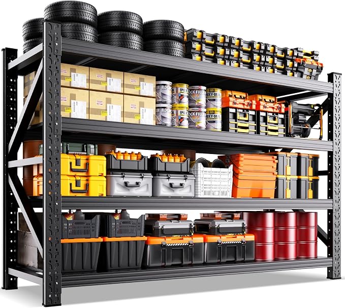 6000LBS Heavy Duty Storage Shelves, 4 Tier Adjustable Garage Shelving Unit, Heavy Duty Metal Shelving for Garage, Basement, Warehouse, Storage Room, Garage Storage Shelves, 79" W x 24" D x 74" H Black