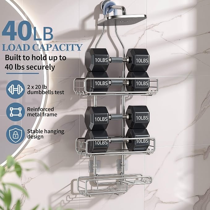 Skyapex Shower Caddy Hanging Bathroom Organizer: Over Head Adjustable Rack for Tall Showerhead - Extra Large Storage Shelf for Big Shampoo Bottles with Soap Holder