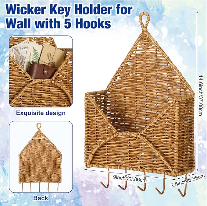 Gerrii Wicker Key Holder for Wall Rattan Mail Shape Holder with 5 Hooks Boho Modern Farmhouse Wall Hanging Decor for Entryway Living Room Office Key Letter Newspaper Files Organizer