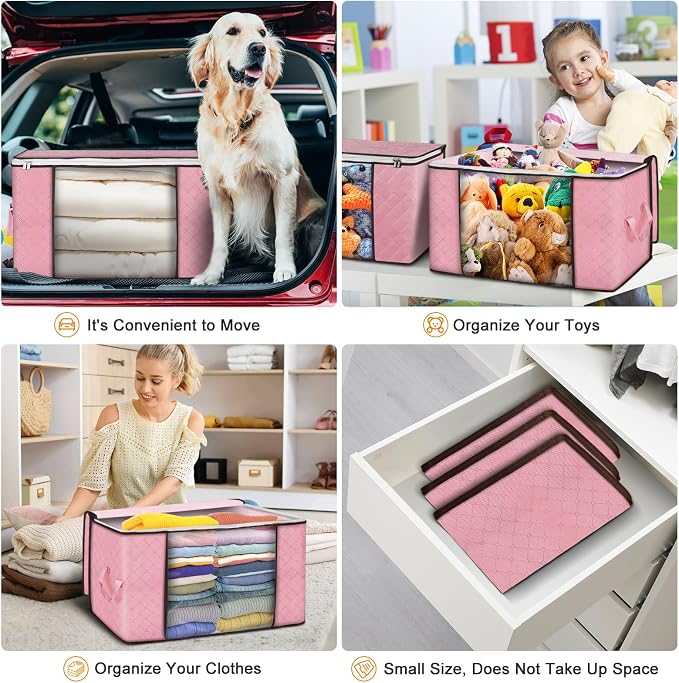 90L Large Storage Bags, 8 Pack Clothes Storage Bins Closet Organizers | Foldable Storage Containers, with Reinforced Handle, for Clothing, Blanket, Comforters, Bed Sheets, Pillows and Toys,Pink