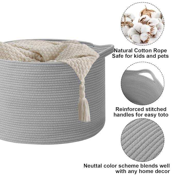 115L Extra Large Blanket Basket,Woven Laundry Basket-Light Grey | Collapsible, reinforced handles, nursery storage bin organizes clothes, toys and pillows for living room, bedroom bathroom