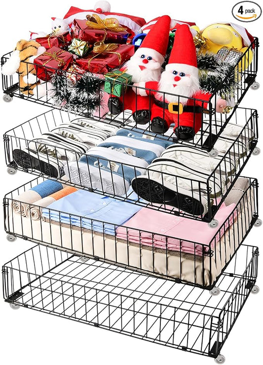 4 PACK Under bed Storage Containers With Wheels,Under bed Basket,Rolling Under Bed Drawer Organizer For Shoes Clothes Books Toys Blankets,