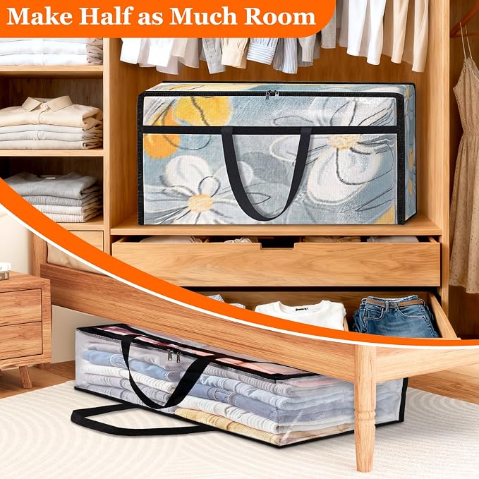 TasticTotes 4 Pack Clear Storage Bags for Comforter, 90L Long | Plastic Blanket Storage with Zipper & Handle, Foldable Moving Bags, Closet Organizer and Under-Bed Storage Containers