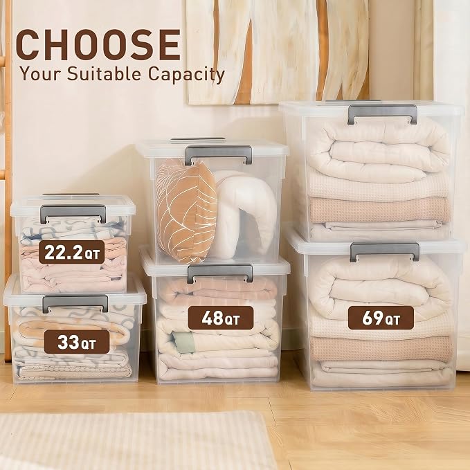 Citylife 33 Qt Ultra-Thick Plastic Clear Storage Bins with Lids, 4-Pack | Heavy-Duty Straight-Wall Plastic Bins with Honeycomb Base and Pinch-Free Latches for Closets, Garages, and Decor, BPA-Free