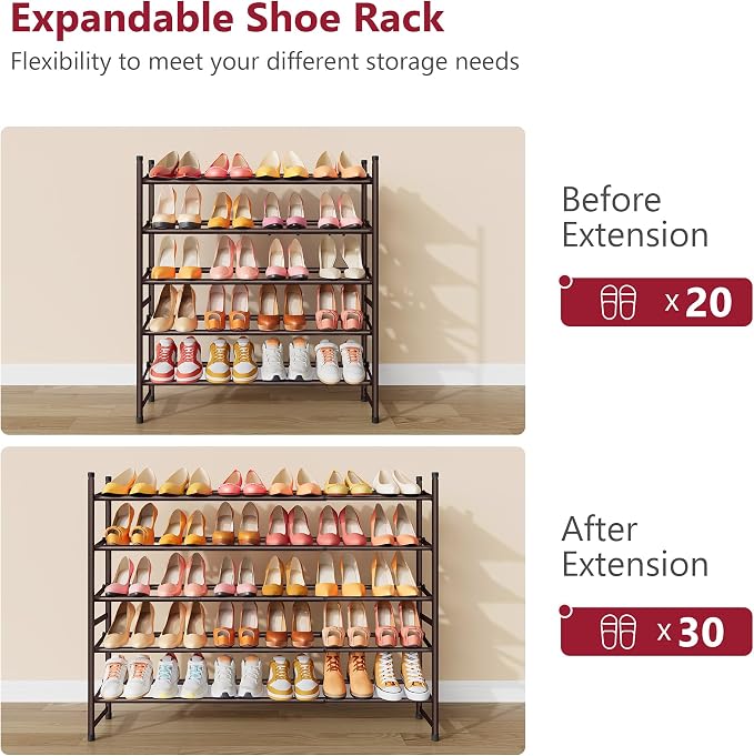 Expandable Shoe Rack for Closet 5 Tier, 28“-41“Stackable, Bronze | Adjustable Shoe Organizer Closet Shoe Rack Floor, Metal Shoe Shelf Storage for Entryway, Closet, Garage, Front Door Entrance